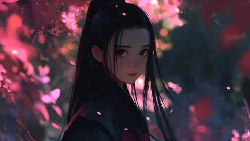 Melancholic girl pauses beneath glowing pink blossoms at dusk
