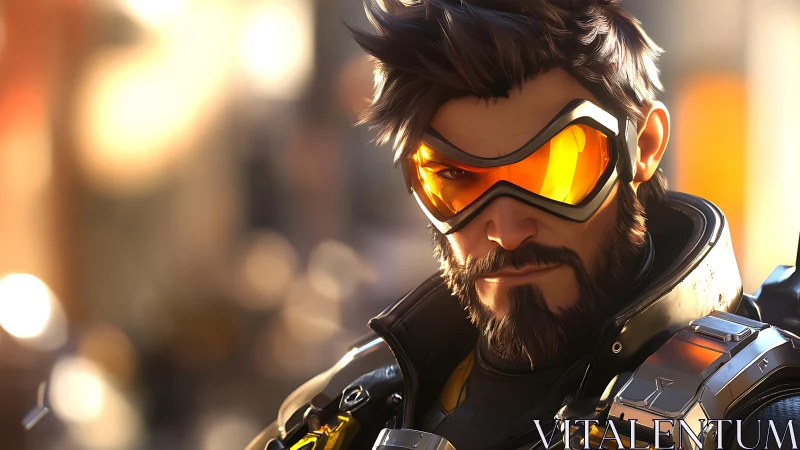 Cyberpunk character portrait with tactical visor lighting dynamics.