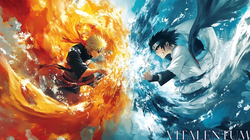 Anime elemental duel with dynamic bilateral composition.