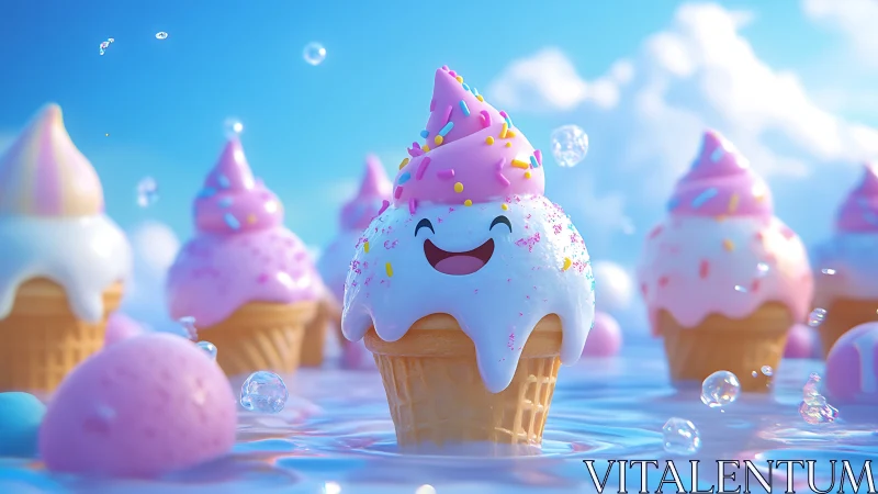 Cheerful cartoon ice cream cone with smiling face in whimsical magical setting.