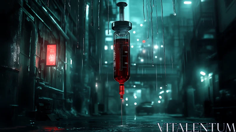 Suspended blood syringe drips through neon drenched alley rain