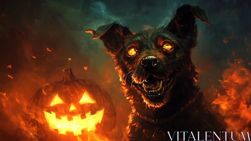 Infernal dog portrait with glowing eyes beside lit jack o lantern