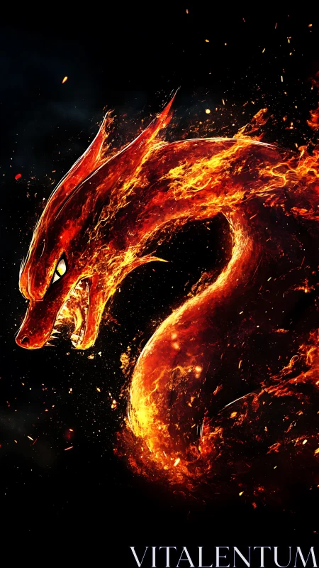 Flaming serpentine dragon head rendered in high contrast pyro-particle flow