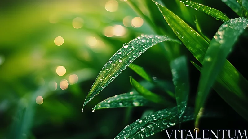Morning dewdrops on vivid green grass in soft bokeh light.