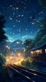 Curved railway tracks pass lit houses under dense starry sky.
