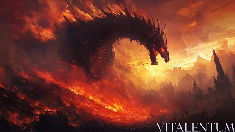 Infernal fire dragon over burning apocalyptic wasteland.