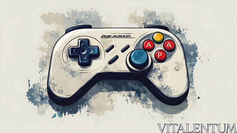 Classic Video Game Controller in Watercolor Splatter Style
