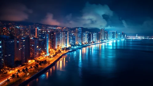 Coastal skyline with illuminated towers at night over water.