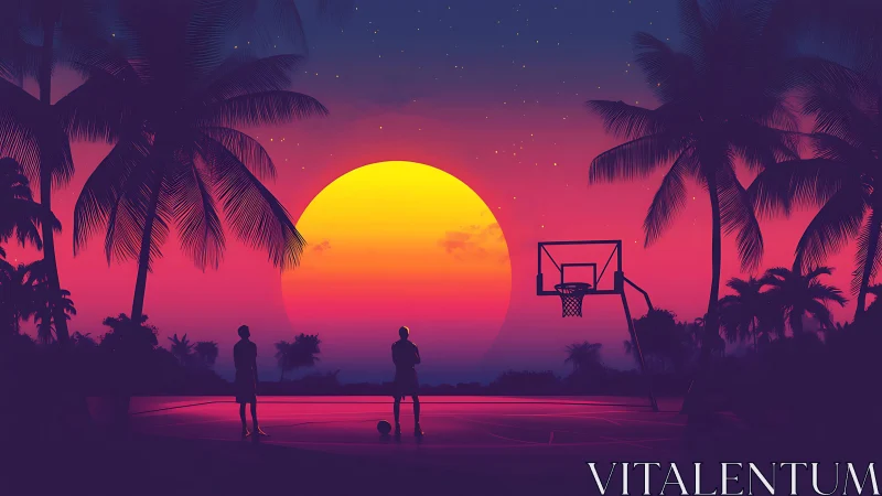 Sunset basketball dreams under glowing tropical skies.