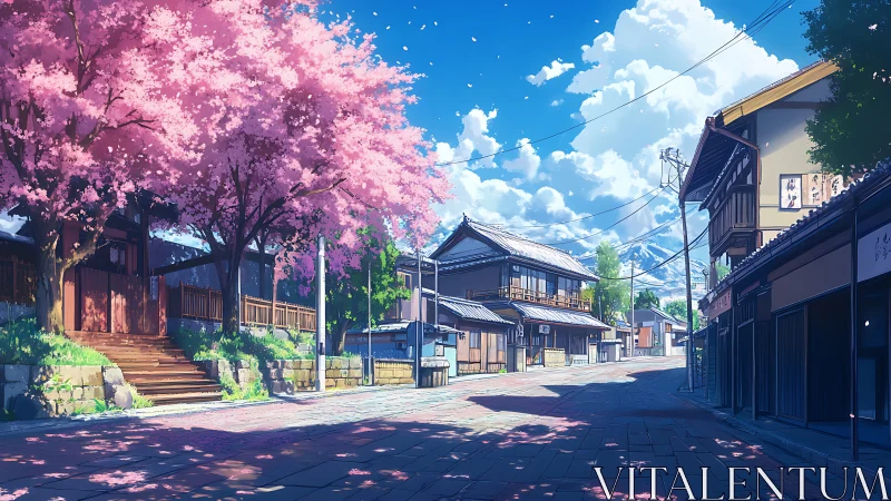 Sunlit cherry blossoms frame tranquil Japanese street scene