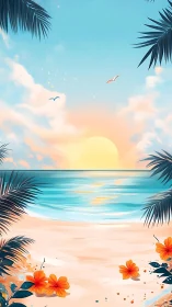 Sunset over tropical shoreline with flowers and palm fronds.