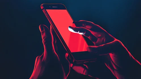 Glowing red smartphone screen illuminates hands in darkness.