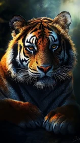 Majestic tiger rests in dramatic rim light forest glow