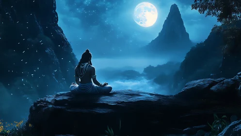 Figure meditates on rocky ledge under bright full moon