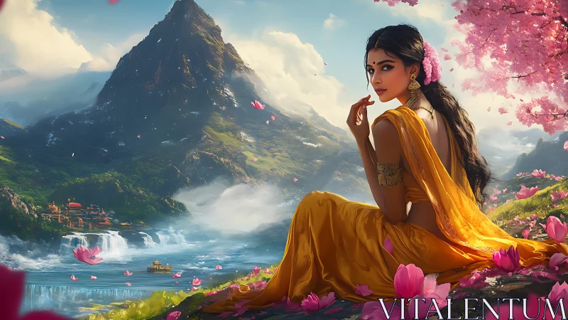 Golden muse beneath cherry blossoms in mythic mountain valley.