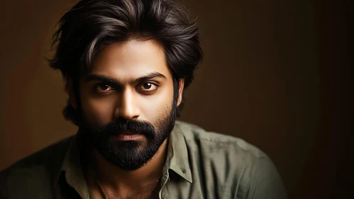 Low-key digital portrait isolates intense bearded male gaze