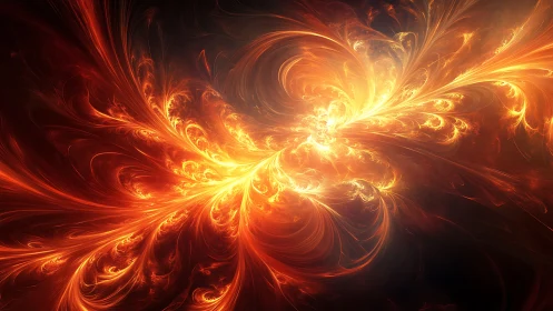 Radiant orange-yellow fractal plumes form swirling plasma vortex field