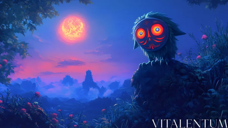 Masked forest creature under glowing neon twilight sun.