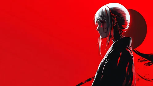 Stoic anime warrior in red with sun and harsh shadows.