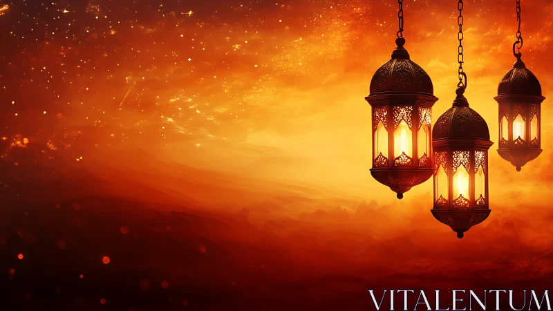 Hanging metal lanterns with glowing lights on orange background.
