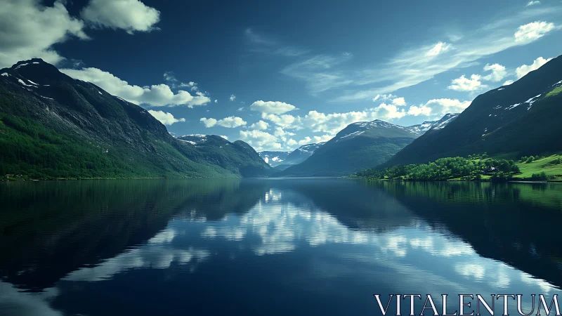 Peaceful mountain lake wrapped in deep blue reflections.