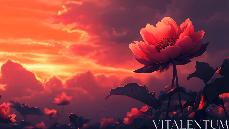 Sunlit macro lotus under volumetric clouds and diffuse sunset glow