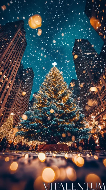Snowfall over illuminated urban Christmas tree at night