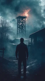Backlit lookout tower inferno with silhouetted observer figure.