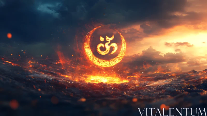 Luminous Om symbol rises from glowing fire above stormy sea