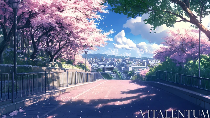 Cherry tree lined slope overlooks distant urban district