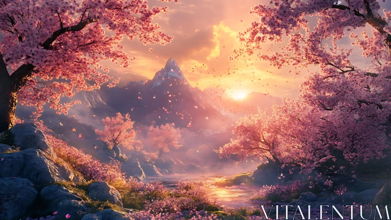 Sunset mountain valley framed by vivid cherry blossoms.