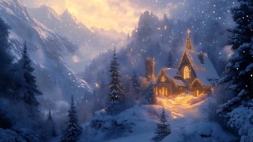 Snowy mountain village with illuminated winter chapel.