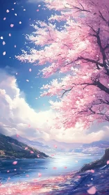 Sakura shoreline under vibrant sky beside tranquil mountain lake.