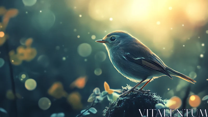 Small Songbird on Mossy Branch in Dreamlike Soft Focus Light.