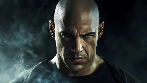 Cinematic low‑key portrait of intense bald male subject.