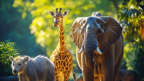 Sunlit safari trio wandering through lush glowing greenery.
