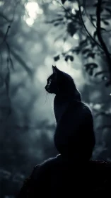 Black Cat in Monochromatic Forest with Backlighting