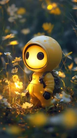 Glow-eyed wanderbot in buttercup dusk meadow dreamscape.