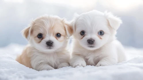 Two small fluffy puppies lie close together on clean snow