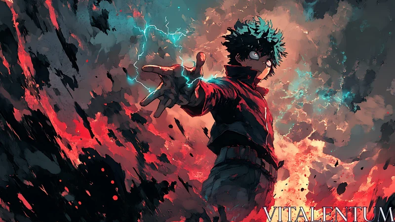 Anime hero unleashes crackling energy amid burning sky.