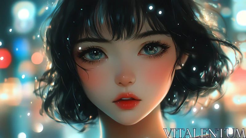 Nocturnal city glow framing luminous anime portrait.