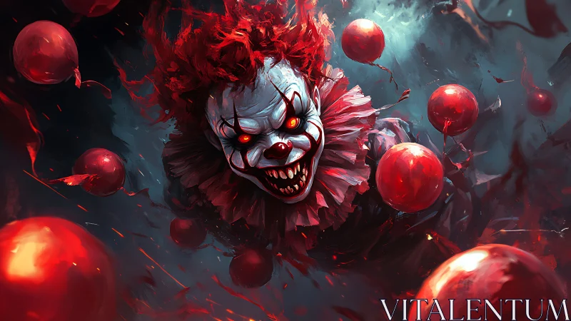 Demonic clown lunges through storm of blood red balloons.