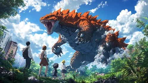 Anime kaiju encounter in lush post-urban jungle landscape.
