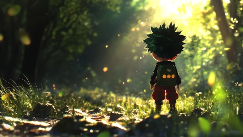 Chibi forest explorer stands in glowing morning light.