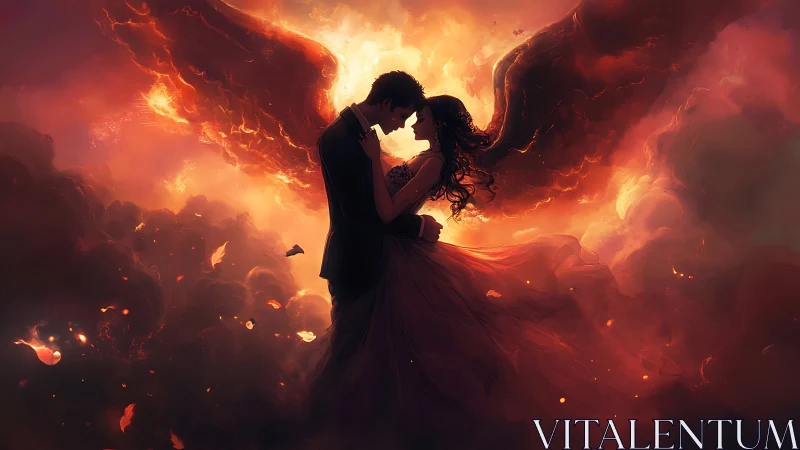 Couple Embracing in Fiery Celestial Light.