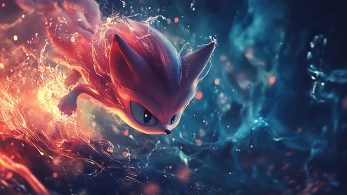 Fiery fox spirit dives through glowing cosmic water