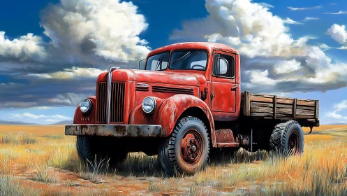 Weathered red farm truck under expansive prairie sky.