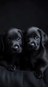Two black Labrador puppies sit closely against dark background