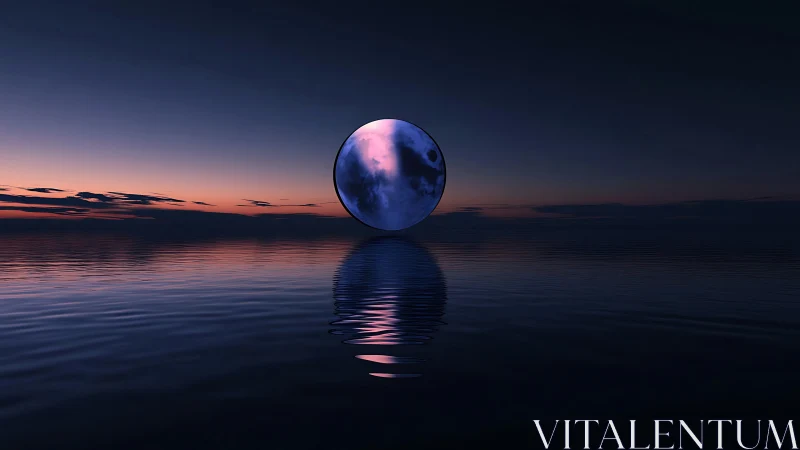 Surreal moon sphere rising above calm twilight ocean.