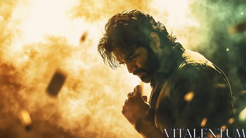 Stormlit loner clutching secrets in ember tinted haze.